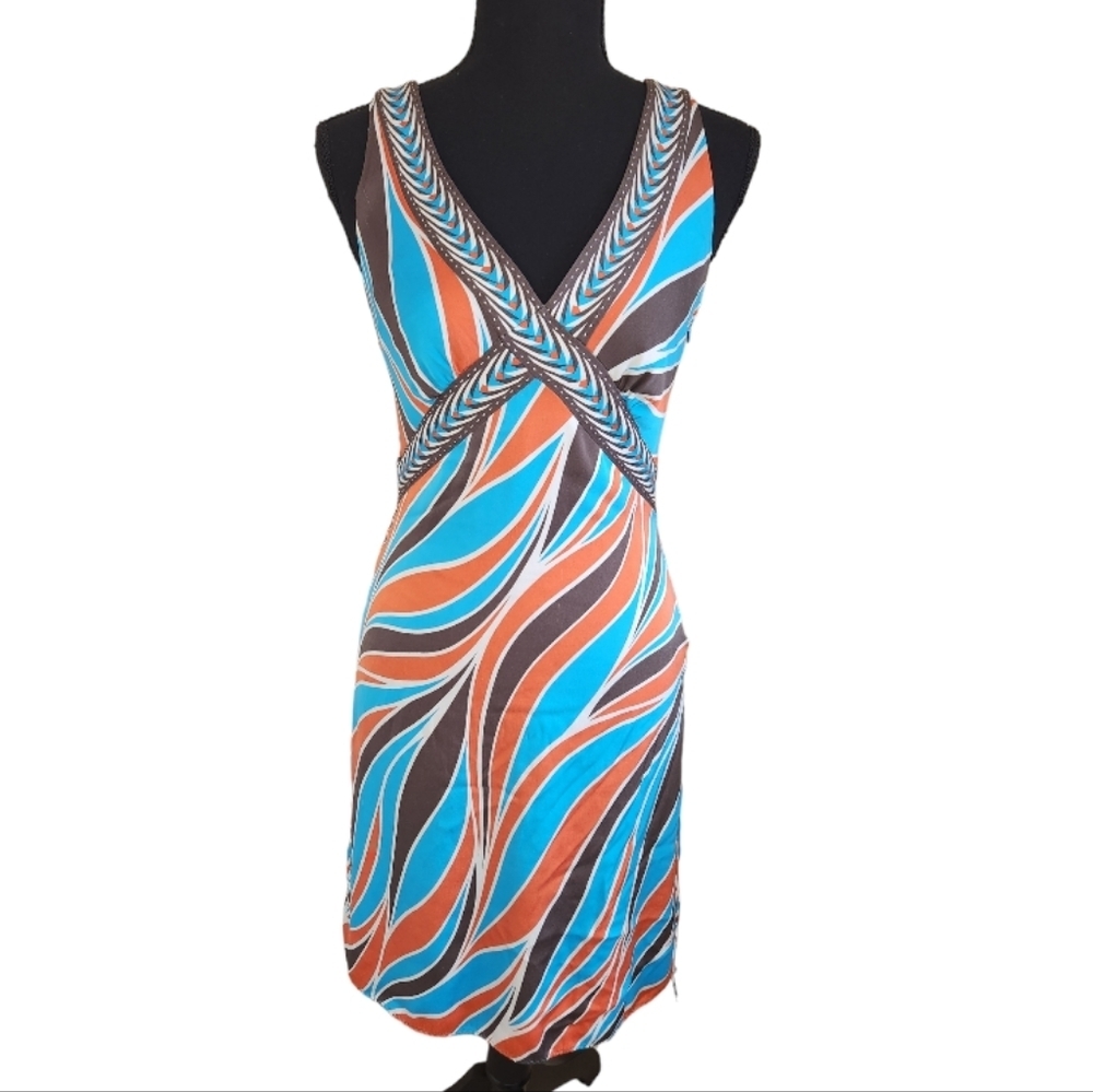 ELIE TAHARI 100% silk sundress bodycon blue orange size unknown